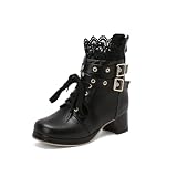 Inornever Women's Platform Mary Jane Shoes, Lolita Style, Chunky Heels Cross Strap Buckle, Lace Trim, PU Leather Upper, Triple Color Options, Pink White Black (Black,5)