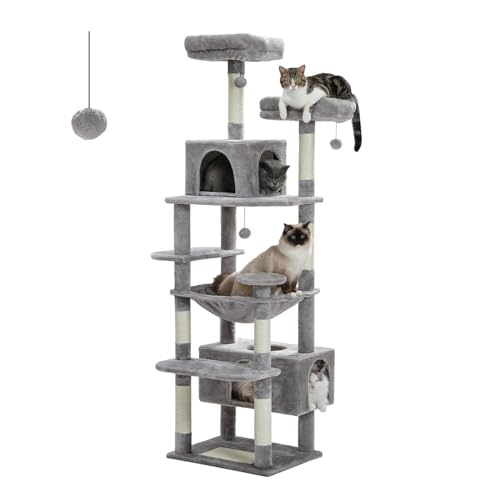 PAWZ Road Large 72 Inch Cat Tree and Tower for Indoor Cats - With Sisal-Covered Scratching Posts, Padded Perches, Condos, and Basket - Gray