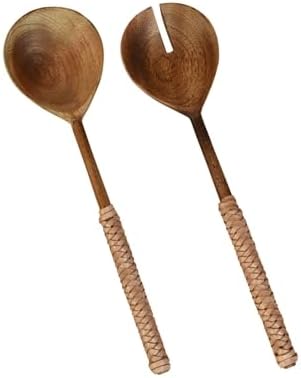 Burke Salad Servers, Wood & Natural Leather