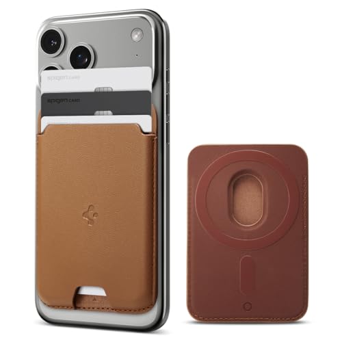 Spigen for MagSafe Wallet Holds 3 Cards MagFit Compatible with iPhone 17/16/15/14/13/12 Models Pixel 10 Series MagSafe-Cases Pixelsnap Plaud Note & More Card Holder - PU Brown (3-Cards)