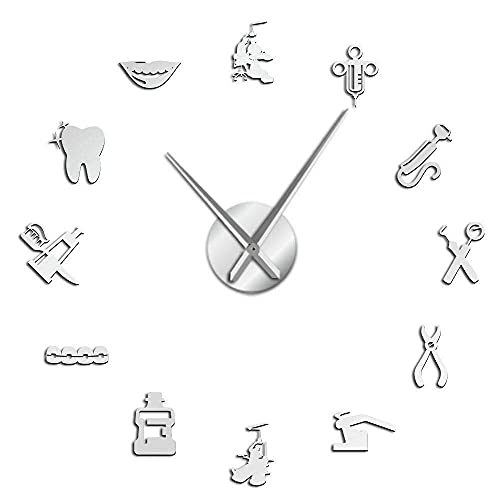 Dental Hospital Silent Wall Clock Dentist Frameless Diy Acrylic Mirror Wall Watch Tooth Modern Design Oversized Time Wall Clock (Silver) #TOP1