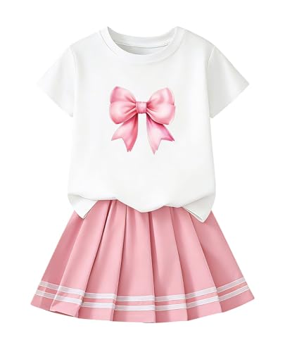 Image of Betusline Girls Skirt Set JK School Uniform 2-Piece Outfit - Short Sleeve & Webbing Solid Skirt,4-14Y