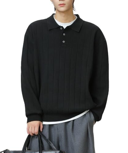 POHADON Men's Retro Ribbed Sweater Grandpa Grunge Collared Neck Knitted Sweater Old Money Aesthetic Fall Winter Polo Tops