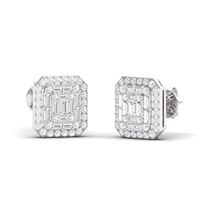 Diamondere Natural and Certified Round and Baguette-cut Diamond Stud Earrings in 14K White Gold | 0.74 Carat Petite Earrings for Women