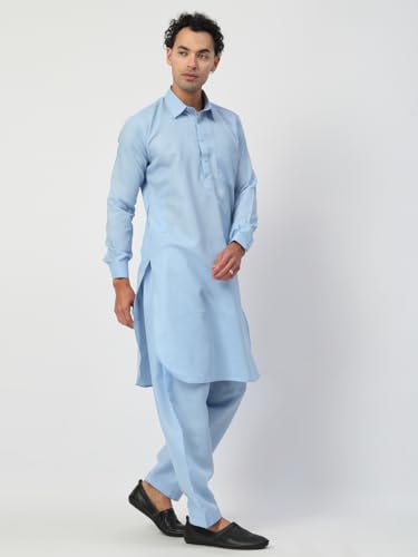 Image of Men's Traditional Pathani Kurta Salwar Set, Red, Long Sleeve, Collared Neck, Cotton Blend, Ethnic Wear