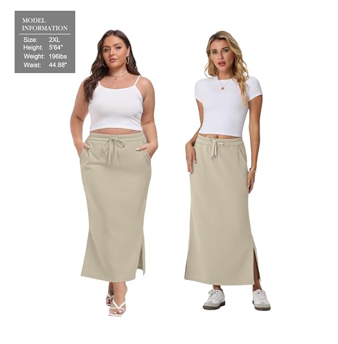 Image of Lepunuo Women's High Waisted Sweat Maxi Skirt with Pockets Slit | Ultra Soft Sweat Fabric, High Waist Drawstring, Deep Phone Pockets, Side Slit for Movement, Ideal for Lounge Travel
