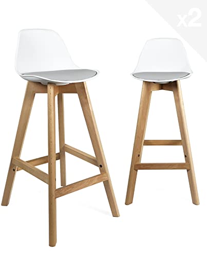 KAYELLES Lot de 2 - Chaise Haute de Bar scandinave Coussin intégré Pieds Bois Mali (Blanc Gris)