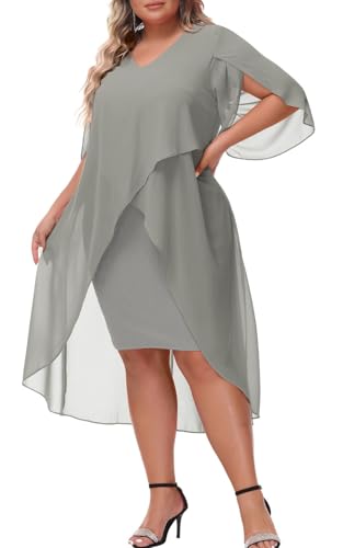 Image of Hanna Nikole Womens Plus Size Chiffon Cocktail Dress Ruffle 3 /4 Sleeve Wedding Guest Party Dresses with High Low Hem