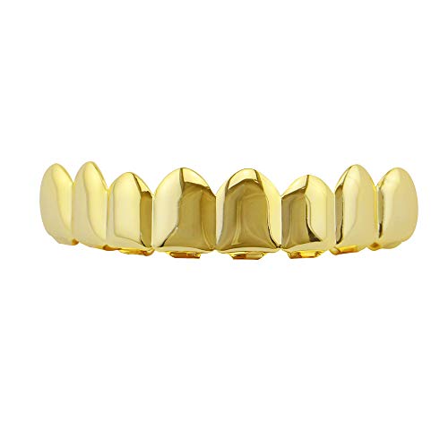 24K Gold Plated Hip Hop Punk Custom Fit Teeth Grillz Caps Top & Bottom Grill Set Removable for Women Men Gift Halloween Party Photo Fancy Dress Accessories - Gold Eight Lower Teeth