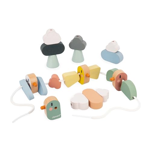 Janod, Sweet Cocoon Threading Beads, 21 Bird, Wing & Cloud Beads, Develops Fine Motor Skills, FSC Wood Toy