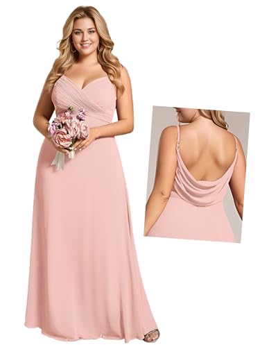 Image of Ever-Pretty Women's Chiffon Pleated Spaghetti Straps Sleeveless A Line Plus Size Bridesmaid Dresses Formal Gown Pink US14