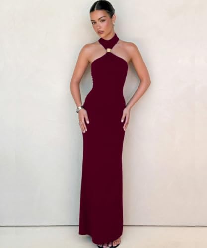 Image of Women High Neck Bodycon Dress Summer Casual Sleeveless Back Slit Elegant Party Cocktail Maxi Formal Dresses