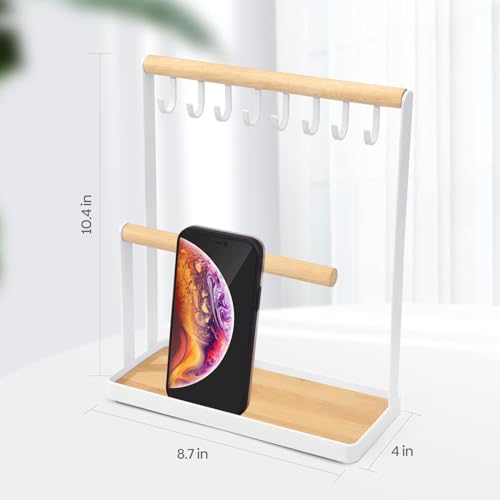 Portin Jewelry Organizer Display Stand Holder with Wooden Ring Tray and Hooks Storage Necklaces Bracelets, Rings, Watches Metal Desk Organizer Stand