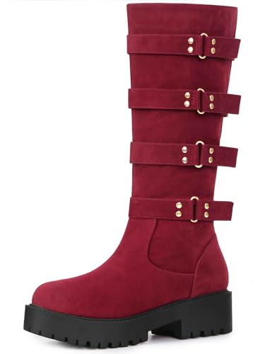 Allegra K Women's Round Toe Platform Buckle Chunky Heel Knee High Boots Burgundy 6 UK/Label Size 8 US