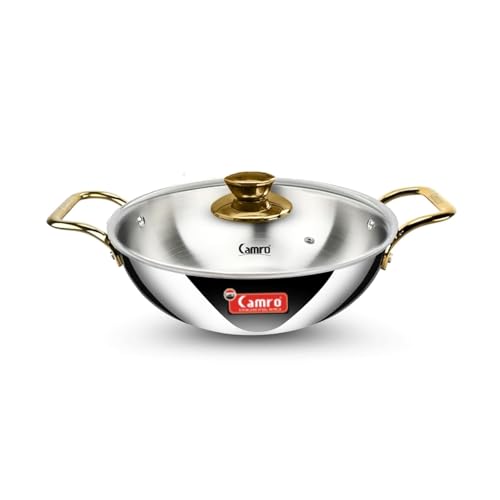 Image of Camro Triply Artisian Kadhai with Glass Lid 5.8 litres| Stainless Steel Kadai for Deep Frying | Kahai for Cooking Induction Base | Cookware Golden Handle Kadai | Gas Stovetop Compatible