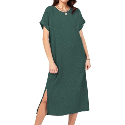 Image of Womens Casual T Shirt Dress Summer Fall Crewneck Loose Fit Side Split Knee Length Dress Ribbed Pattern with Pockets