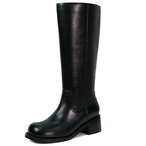 VBDB Botas altas hasta la rodilla para mujer, punta cuadrada, tacón grueso, botas largas para mujer, cómodas botas de tacón bajo para mujer, Negro, 38 EU