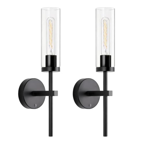 Image of Shenmoyl Battery Operated Wall Sconces Set of 2, Black Rechargeable Wall Lighting Fixtures, Dimmable Wall Lights with Remote & Clear Glass Shade for Living Room, Bathroom,Bedroom