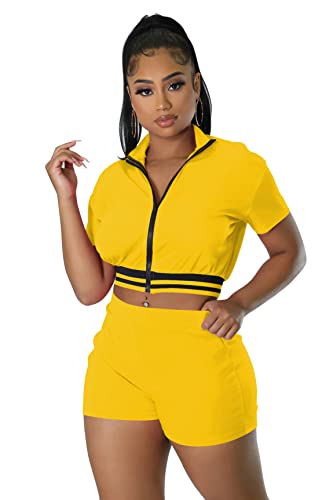 Mrskoala Women Two Piece Outfits Workout Tracksuit Jogger Sweatpant Sets Yellow L