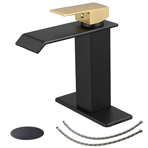 BWE Grifo de baño de cascada, negro y dorado, moderno grifo de lavabo de baño de una sola manija, lavabo, lavabo, RV, grifo mezclador comercial con drenaje desplegable y placa de cubierta para
