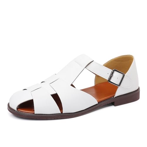 Men's Closed-Toe Flat Fisherman Sandals Lightweight Non-Slip Adjustable Hook & Loop Leather Wading Sandals for Summer Beach Casual Daily Wear