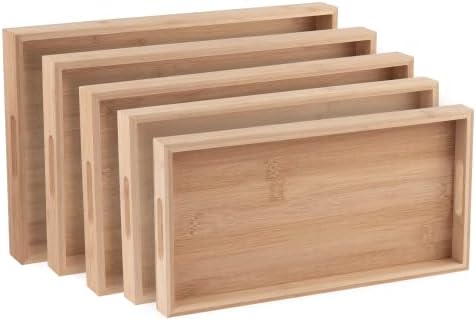 Hammont Bamboo Wooden Nested Serving Trays - Five Piece Set of Rectangular Shape Wood Trays for Crafts with Cut Out Handles | Kitchen Nesting Trays for Serving Pastries, Snacks, Mini Bars, Chocolate