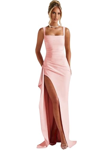 AUMEELAM Ruched Satin Bodycon Prom Dress for Women High Split Square Neck Formal Dress
