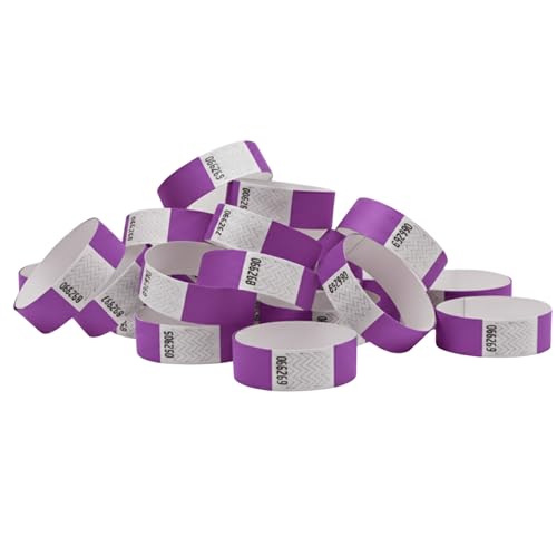 Pack Pulseras de Papel Tyvek® Lisas para Control de Acceso y Eventos   Pulseras Identificativas de Colores Numeradas y Resistentes al Agua   Cierre de Seguridad (200, Morado)