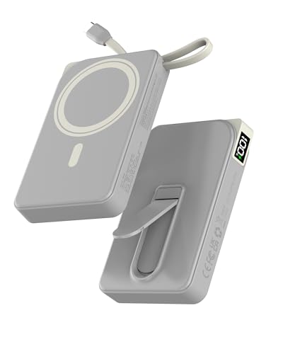 Image of Magnetic Portable Charger for iPhone 17 /16 /15 /14 /13 /12, 3-in-1 Wireless Power Bank 10000mAh with Stand, Grey