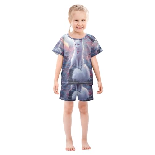 ALAZA Fox Tower Blossom Branch Pajamas Set Short Sleeve Cotton Sleepwear Summer Pjs 2 Piece 5-14Y3