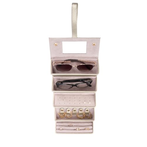 Image of Brouk & Co Leah 5 Eyewear & Jewelry Case - Pebbled Vegan Leather, Foldable Case, Snap Closure, Hanging Loop, Interior Mirror, 5 Compartments: Sunglasses and Jewelry (Gold)