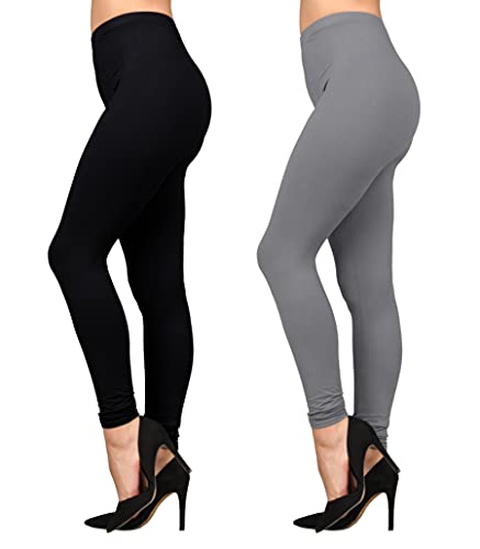 Lildy Women’s Super Soft Leggings (2 Pack), Stretchable No See-Through Material, Charcoal Grey/Black, Small-Large #TOP1