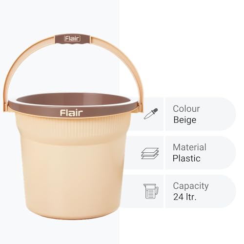 Image of FLAIR Estella 24L Set of 3 Plastic Bathroom Bucket, Beige | Strong & Durable Water Storage Bucket with Easy-Grip Handle | Virgin Plastic, Lightweight & Multipurpose for Bathing and Daily Use