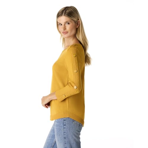 Cable & Gauge Women's Button Sleeve Round Hem Sweater - Soft Boat Neck Design, Chic & Casual, Versatile Everyday Top2