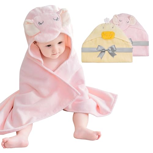 Image of Mooreeke 2 Pack Baby Towels - 100% Cotton Baby Hooded Towels - Soft Baby Bath Towels with Hood for Newborn - Comfort Towels for Baby Girls and Boys - Animal Shaped Design (Duck & Elephant)
