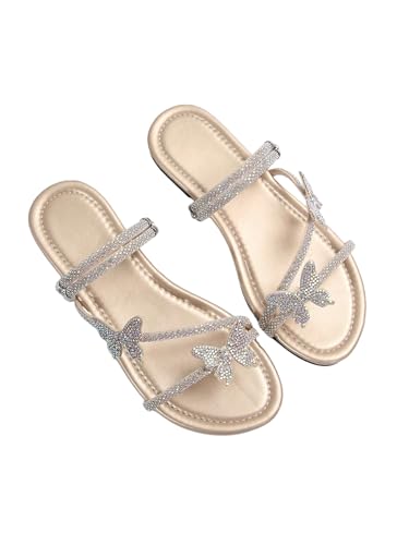 GORGLITTER Women's Butterfly Sandals Dressy Cute Strappy Glitter Rhinestone Open Toe Slides Wedding Bridal Flats Sandal
