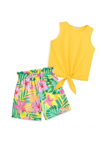 Image of Arshiner Girl's 2 Piece Outfits Tie Knot Tank Top and Paperbag Waist Pocketed Summer Short Sets