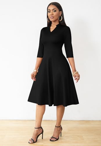 FANDEE Womens Casual Dress Semi Formal Fit and Flare 3/4 Sleeve A-line Funeral Church Tea Dresses V Neck2