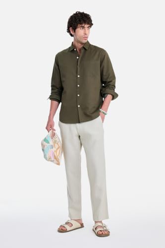 Image of SNITCH Men Casual Shirt | Regular Fit Full Sleeve Spread Collar Solid Pattern | Breathable Cotton Linen Blend & Lightweight Fabric for Summer, Vacation & Smart Casual Wear