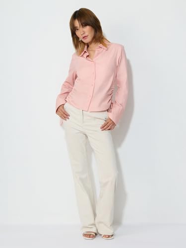 Image of The Souled Store Tailored Solids: Blush Women and Girls Full Length Spread Collar Pink Solid Cotton Slim Fit Adjustable Side Ruching Breathable Lightweight Everyday Shirt