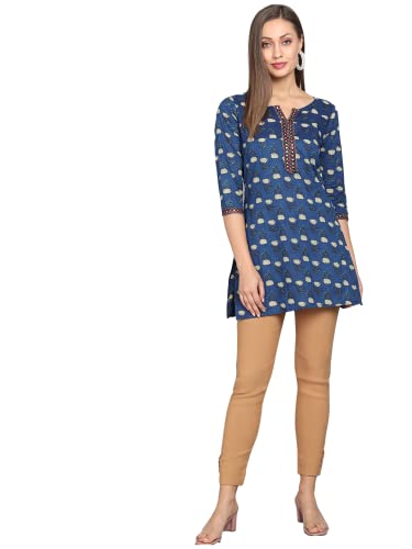 Image of Rapsodia Womens Cotton Navy Blue Floral Printed Short Kurti with Embroiderey