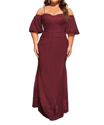 Image of Women's Plus Size Off The Shoulder Puff Sleeve Dress Sequin Formal Maxi Evening Cocktail Party Gowns