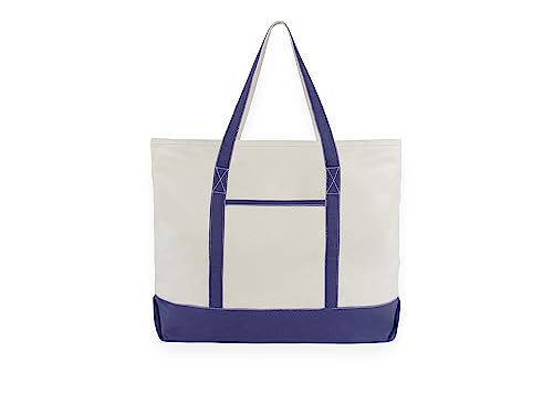 Extra Large Heavy Duty Canvas Tote Bag - 22 Inches Wide, Zipper Top, Sturdy, Double Stitched, 100% Cotton, Reusable, Washable - Perfect for Picnic, Grocery, Beach, and Shopping Bag (Navy Blue)