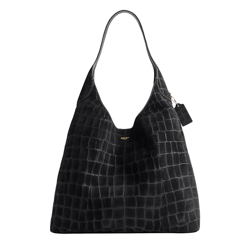 Coach Brooklyn Shoulder Bag 39 in Crocodile-Embossed Suede, B4/Black