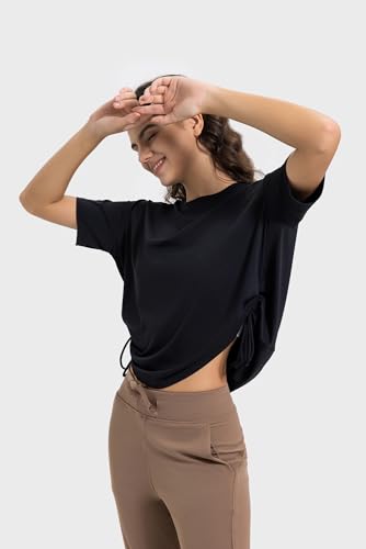 altiland Drawstring Side Ruched Workout T Shirt for Woman, Quick Dry Athletic Tee Yoga Exercise Running Tops Loose Fit3