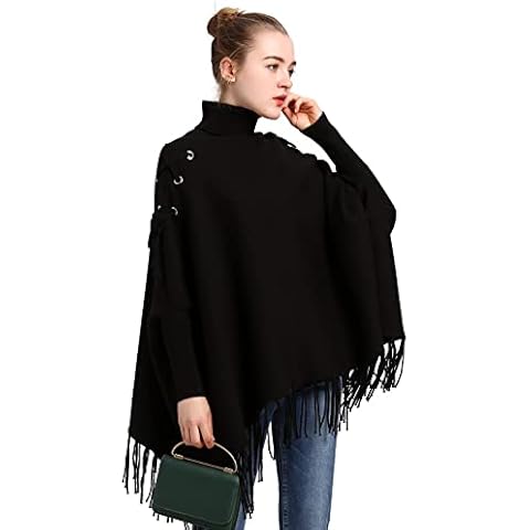 Women's Poncho Fringe Sweaters Batwing Sleeve Irregular Hem Casual Loose High Collar Pullover Capes Wraps Knit Tops (Black) Cover