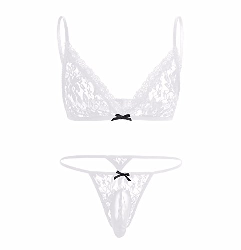 YiZYiF Men's Sheer Lace G-String Thong T-Back Bikini Briefs Underwear Bra Top Lingerie Set White X-Large