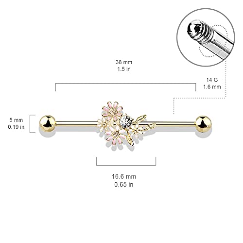 Pierced Owl - 14GA Stainless Steel CZ Crystal and Enamel Flower Bouquet Industrial Barbell2