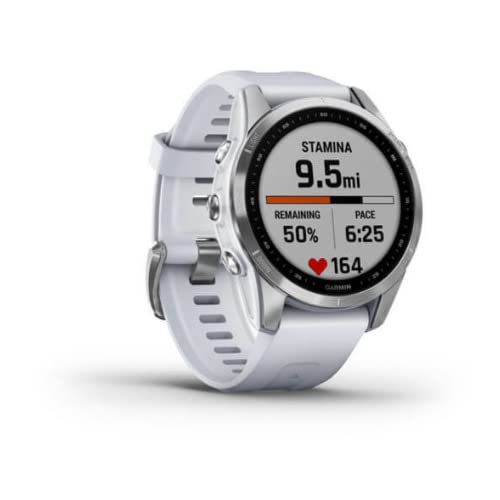 Image of Garmin Fenix 7S, Smaller Sized Adventure smartwatch, Rugged Outdoor Watch with GPS, Touchscreen, Health and Wellness Features, Silver with Whitestone Band