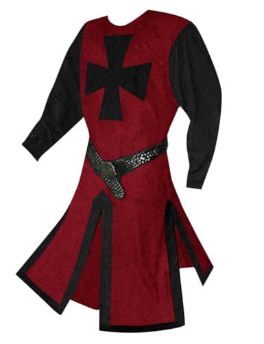 Runcati Mens Medieval Crusader Knights Tunic Renaissance Warrior Templar Cosplay Costumes Tops Wine Red